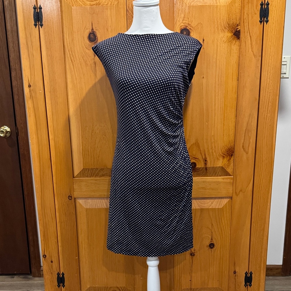 Elegant Navy Blue and White Polka Dot Dress